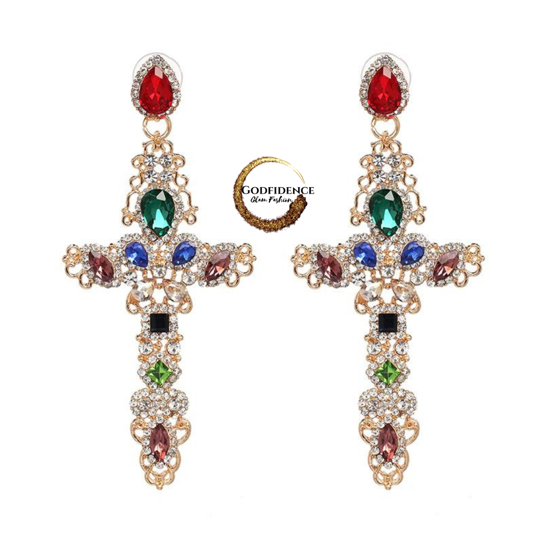 Charismatic, Coloful Cross Earrings | Multi- Colored, Rhinestone Encrusted