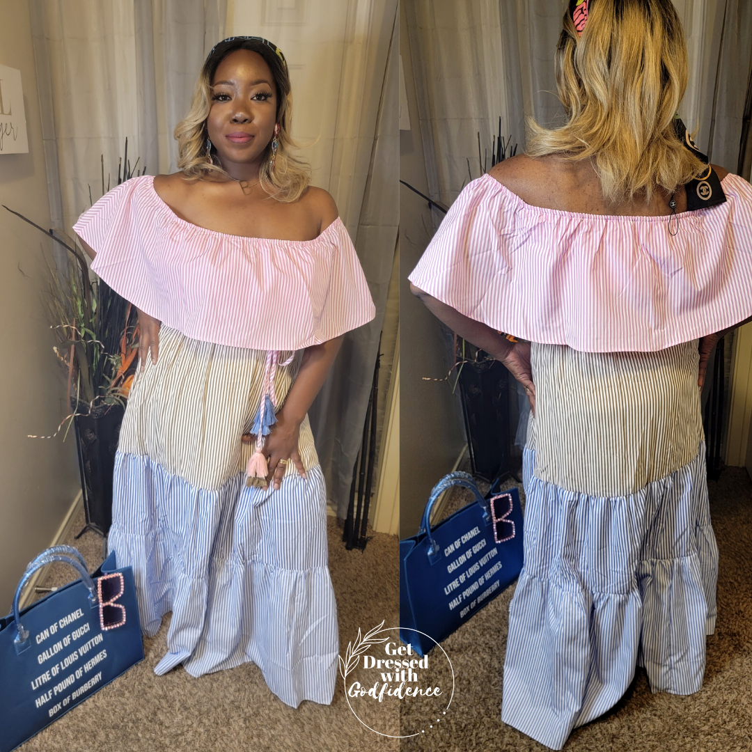Southern Belle| Multi Colored Striped Color-block Off-shoulder Maxi Dress