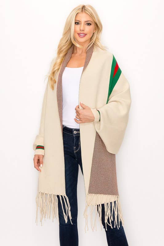 Wrap Me in Luxxe--Sleeved Fancy Fashion Fancy Poncho with Tassel-Natural/Ivory/Red/Green