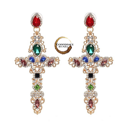 Charismatic, Coloful Cross Earrings | Multi- Colored, Rhinestone Encrusted