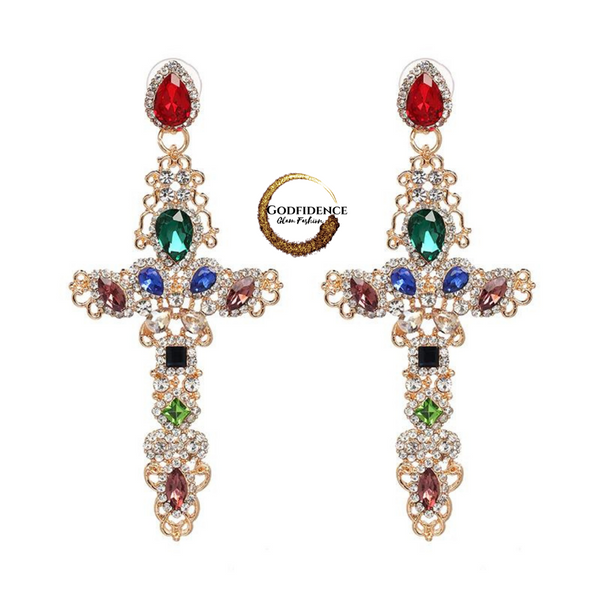 Charismatic, Coloful Cross Earrings | Multi- Colored, Rhinestone Encrusted