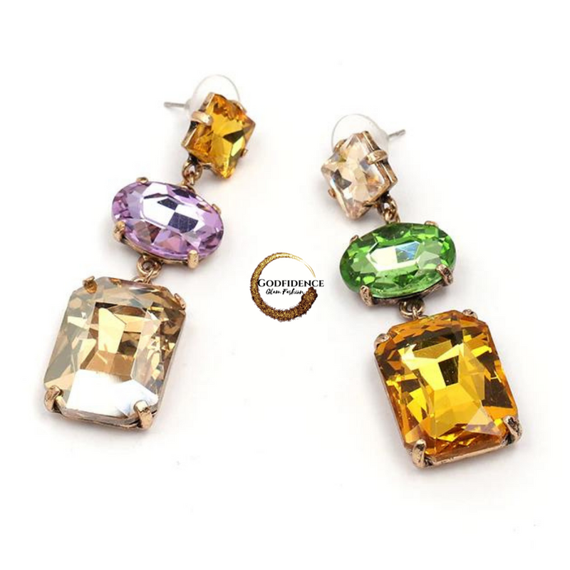 Spring Fling | Gorgeous Yellow/Purple/ Green Crystal 3 Tier Earrings