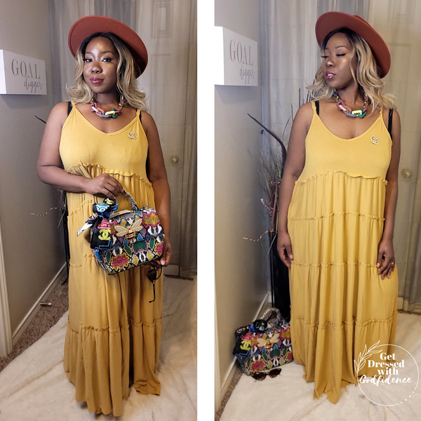 Rich Auntie| Plus V-neck Tiered Cami Maxi Dress-Light Mustard