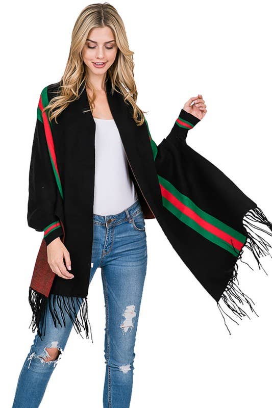 Wrap Me in Luxxe-Sleeved Fancy Fashion Poncho with Tassel-Black/Green/Red