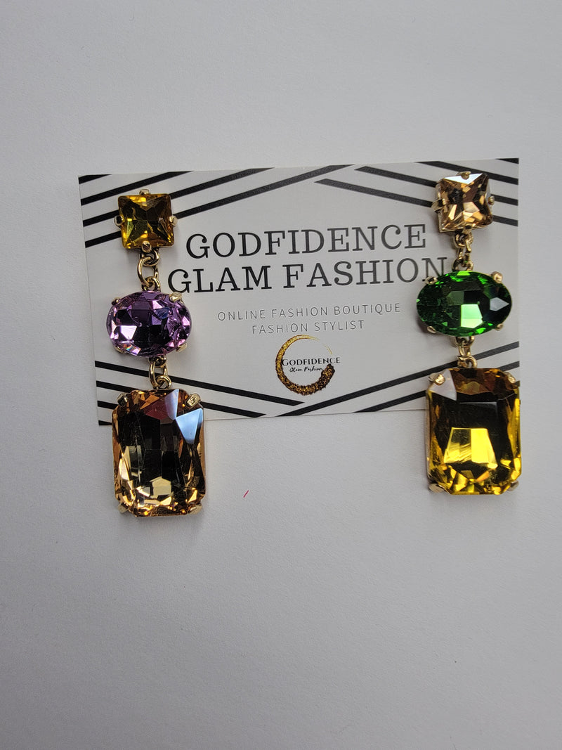 Spring Fling | Gorgeous Yellow/Purple/ Green Crystal 3 Tier Earrings