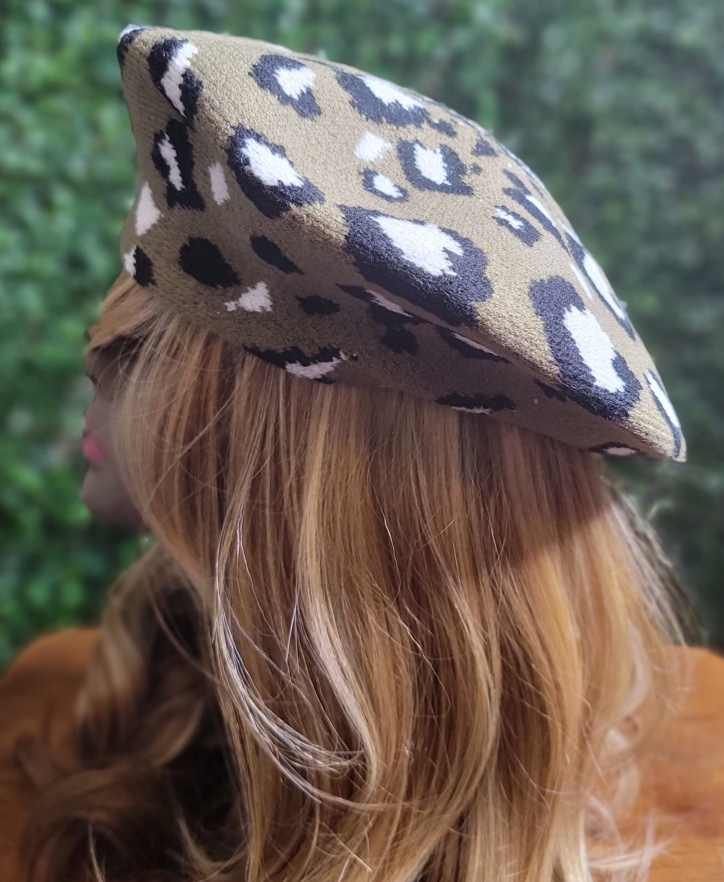 Olive You | Olive Green and White Leopard Print BERET