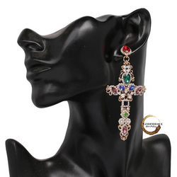 Charismatic, Coloful Cross Earrings | Multi- Colored, Rhinestone Encrusted