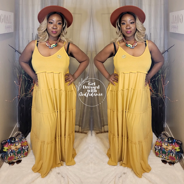 Rich Auntie| Plus V-neck Tiered Cami Maxi Dress-Light Mustard