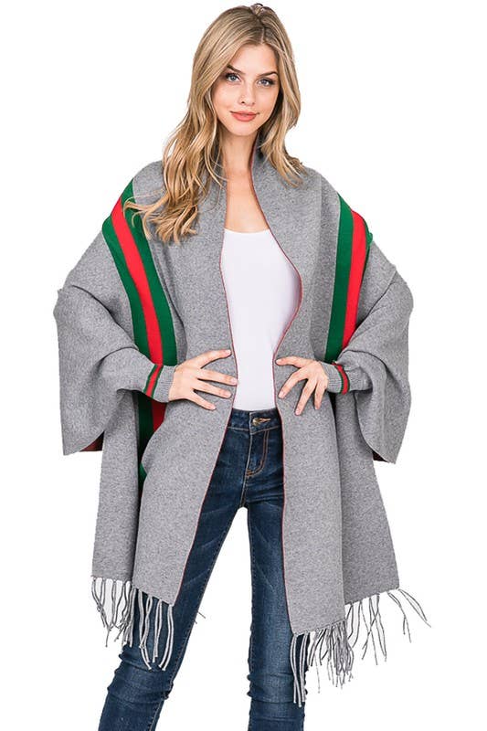 Wrap Me in Luxxe--Sleeved Fancy Fashion Fancy Poncho with Tassel-- Grey/Red/Green