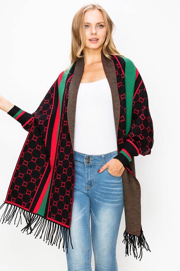 Wrap Me in Luxxe--Sleeved Fancy Print Fashion Poncho with Tassel-- Black/Red