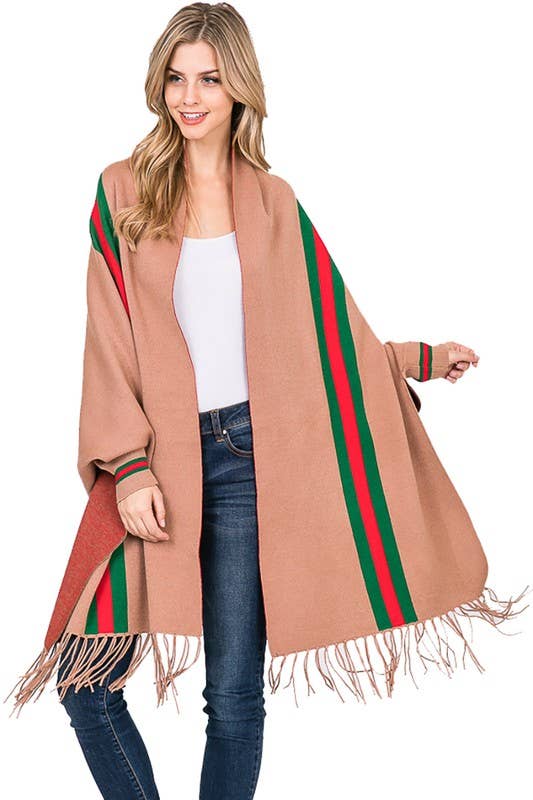Wrap Me in Luxxe--Sleeved Fancy Fashion Fancy Poncho with Tassel-- Tan/Red/Green