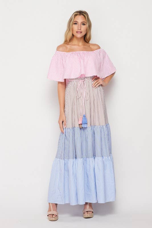 Southern Belle| Multi Colored Striped Color-block  Off-shoulder Maxi Dress