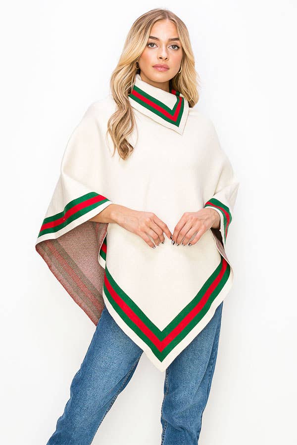 Plushy -- Fancy Poncho -- Natural/Ivory and Inspired Red/Green Stripe