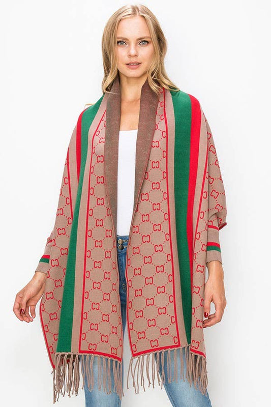 Wrap Me in Luxxe--Sleeved Fancy Print Fashion Poncho with Tassel- Taupe