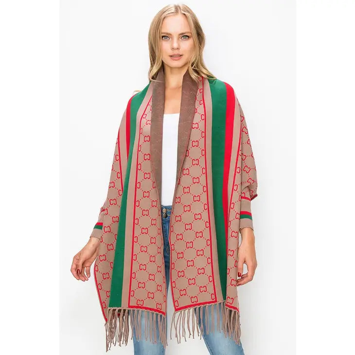 Wrap Me in Luxxe--Sleeved Fancy Fashion Fancy Poncho with Tassel-- Tan/Red/Green