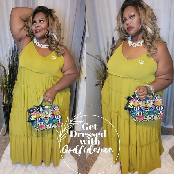 Rich Auntie | Plus V-neck Tiered Cami Maxi Dress-Olive Mustard