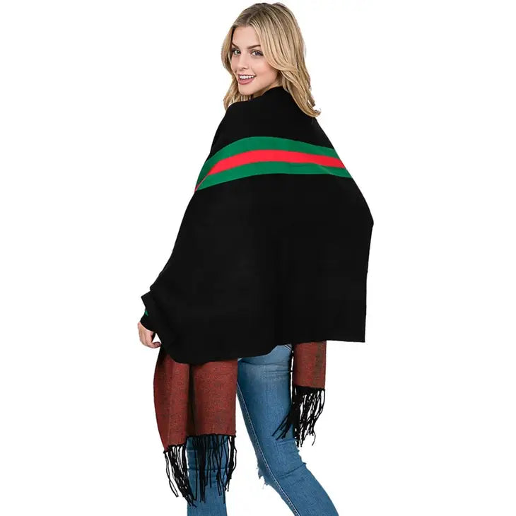 Wrap Me in Luxxe-Sleeved Fancy Fashion Poncho with Tassel-Black/Green/Red