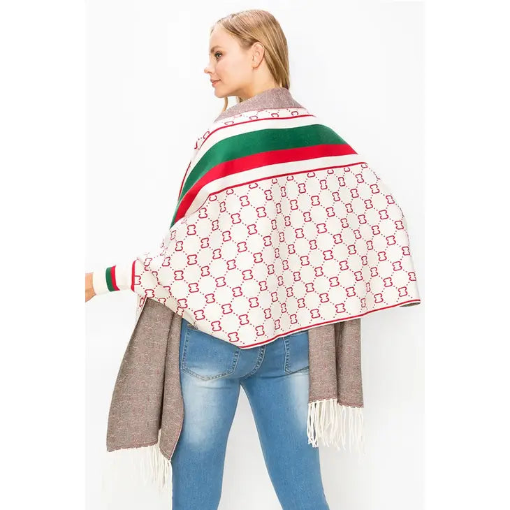 Wrap Me in Luxxe--Sleeved Fancy Fashion Fancy Poncho with Tassel-- Tan/Red/Green