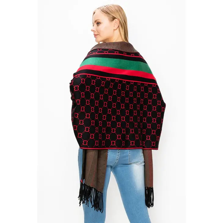 Wrap Me in Luxxe--Sleeved Fancy Fashion Fancy Poncho with Tassel-- Tan/Red/Green