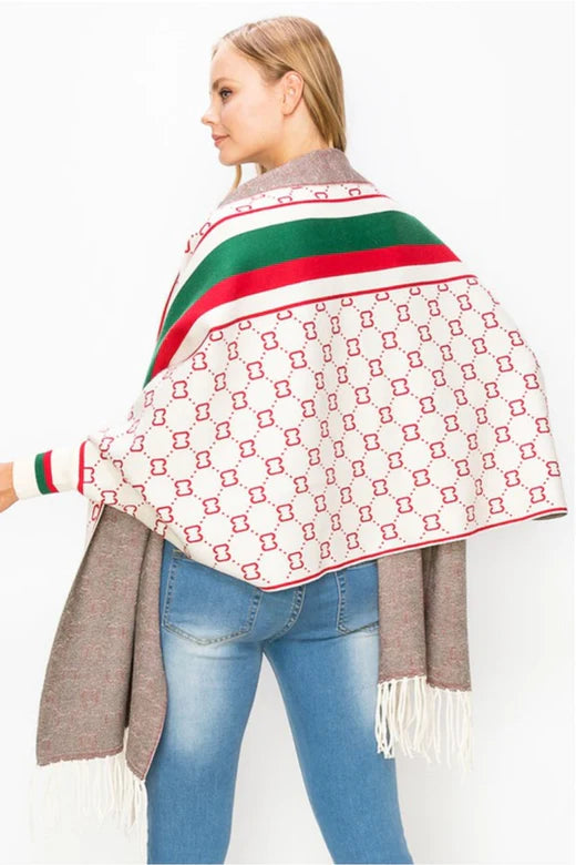 Wrap Me in Luxxe--Sleeved Fancy Fashion Fancy Poncho with Tassel-- Tan/Red/Green